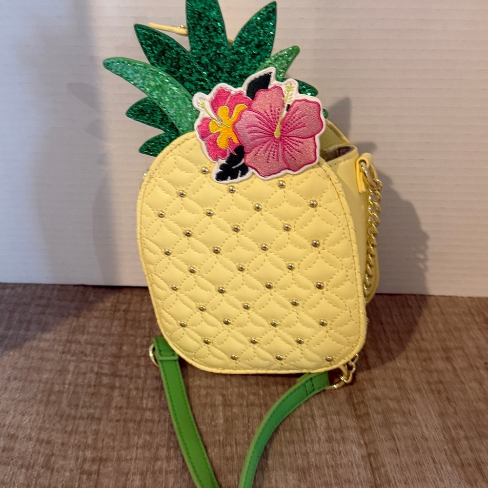 Betsey Johnson pineapple shaped Crossbody bag with studded front glittery leaves